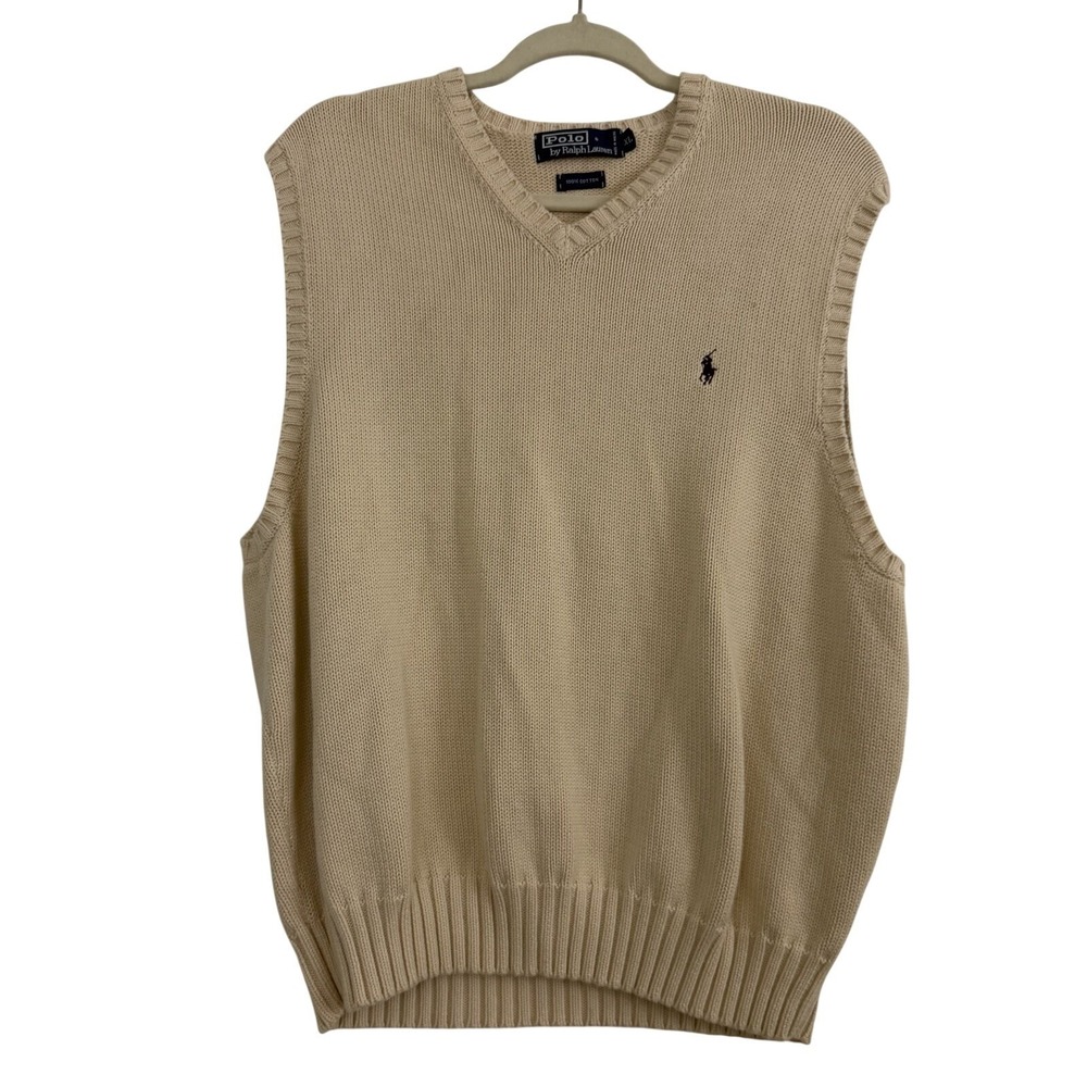 Vtg 90s Polo Ralph Lauren Knit‎ Sweater Vest Sz XL Tan Pony Logo V-Neck Preppy
